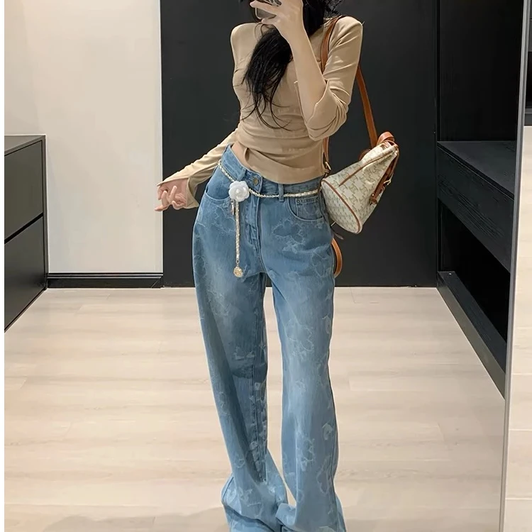 韩版高级感蝴蝶刺绣提花牛仔裤女春季新款高腰时尚百搭阔腿长裤子