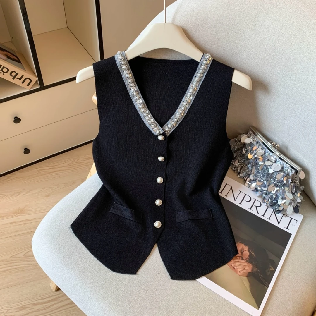 法式钉珠针织马甲背心女装夏季V领性感修身设计感显瘦百搭小上衣