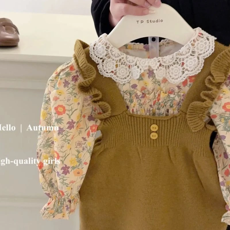 韩版女童秋装针织小飞袖背带裙2025新款洋气小女孩棕色吊带裙套装