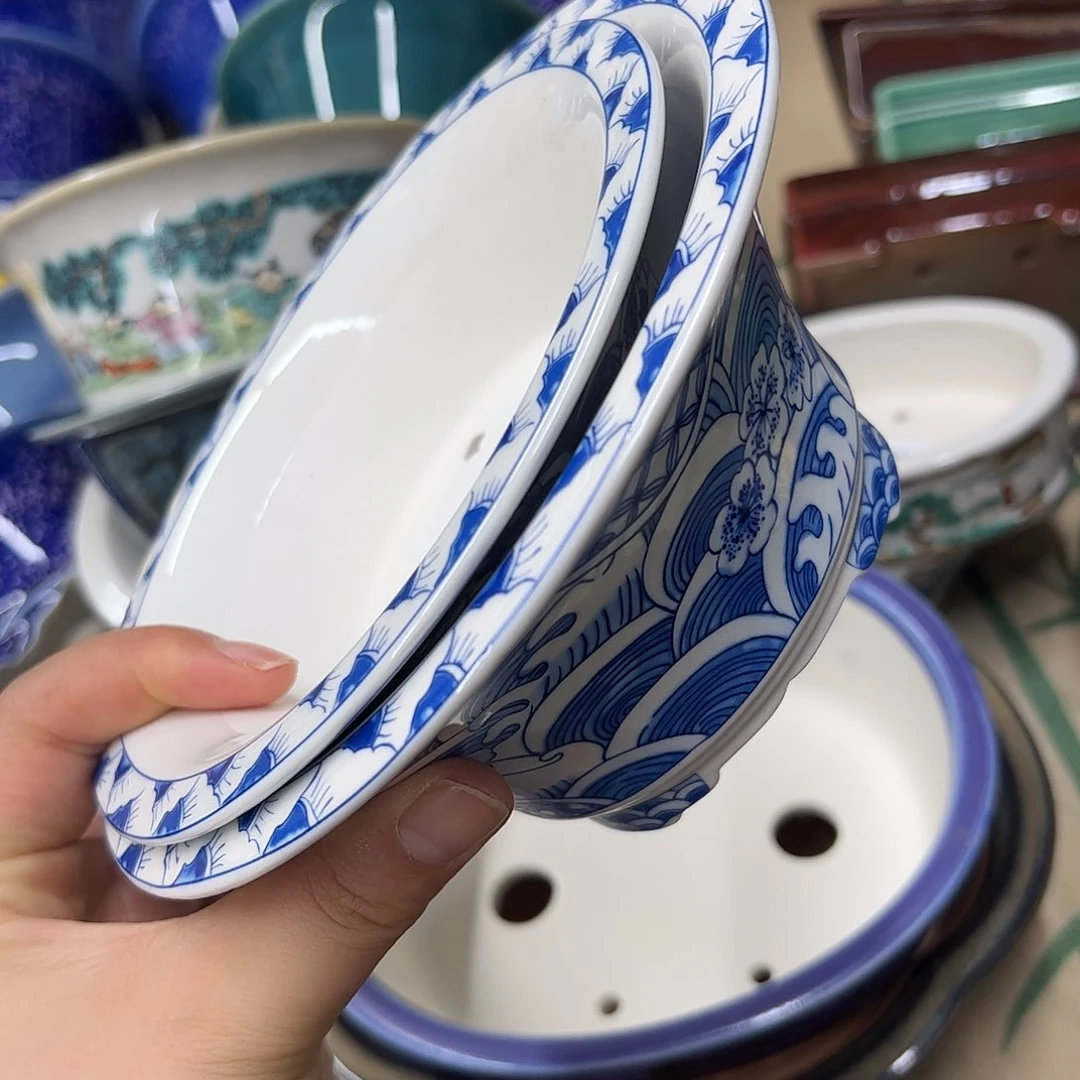 紫砂花盆张**?538号瑕疵2个仿手绘海浪花纹