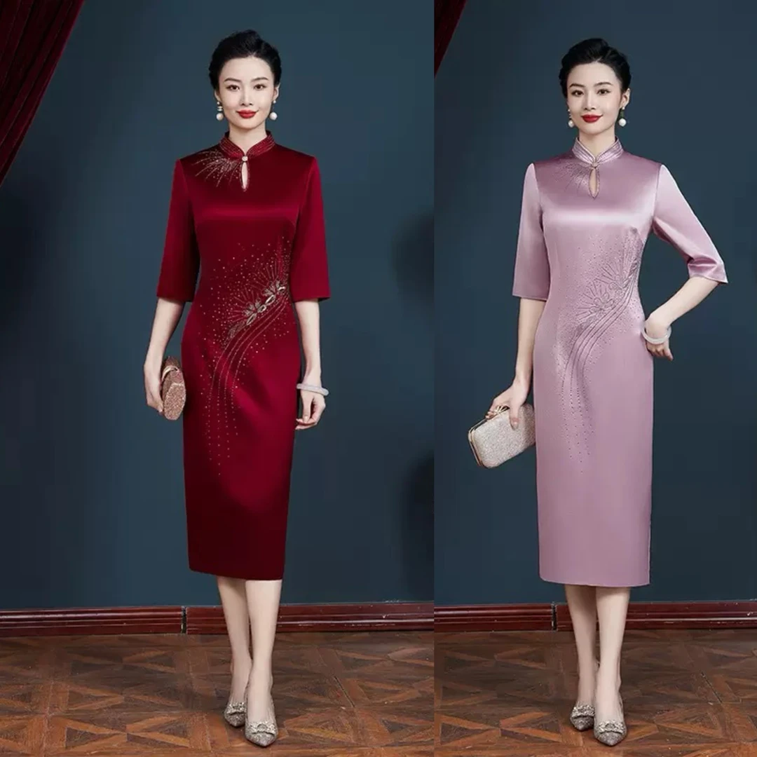 【高定礼服裙】进口三醋酸后开叉改良旗袍喜妈妈婆婆婚宴敬酒服瘦Y