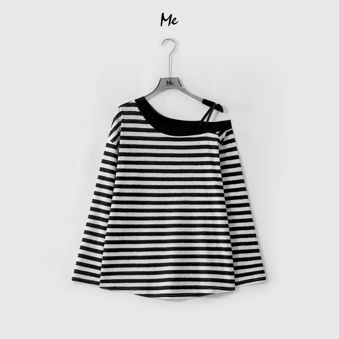 ME【斜肩航海防晒衫】小心机露肩显瘦舒适时尚百搭条纹T恤MESS6473