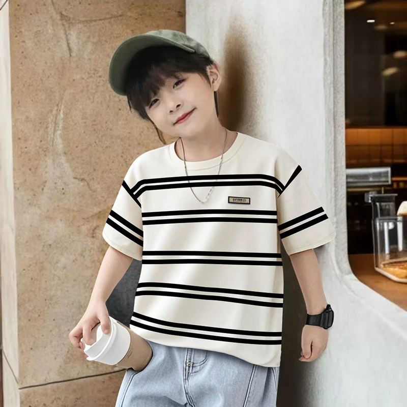 【100%棉】2025夏季新款男童条纹短袖T恤圆领复古潮流宽松港风上衣.