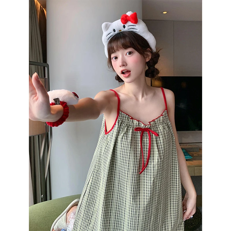 【格纹蕾丝花边】韩系甜美清纯风睡裙女夏季新款可外穿连衣裙家居服