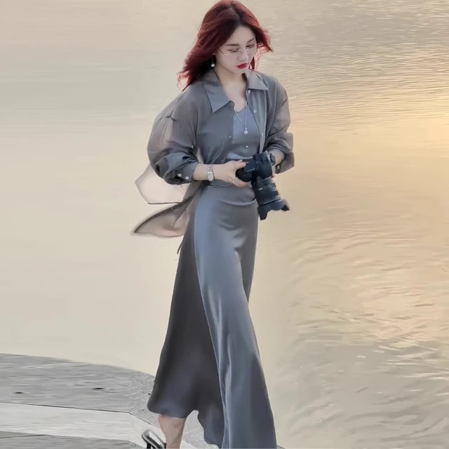 高级感连衣裙女士御姐衬衫2025夏季新款防晒衫百搭吊带裙一整套装