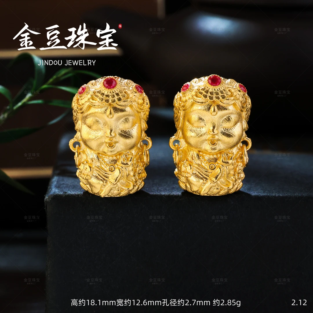 【金豆珠宝VIP】18K实心金豪镶加大号度母宝宝佛隔珠天地孔桶珠精工