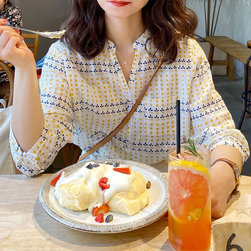 9229#印花气质显瘦衬衫清新七分夏季新款上衣通勤宽松碎花衬衣