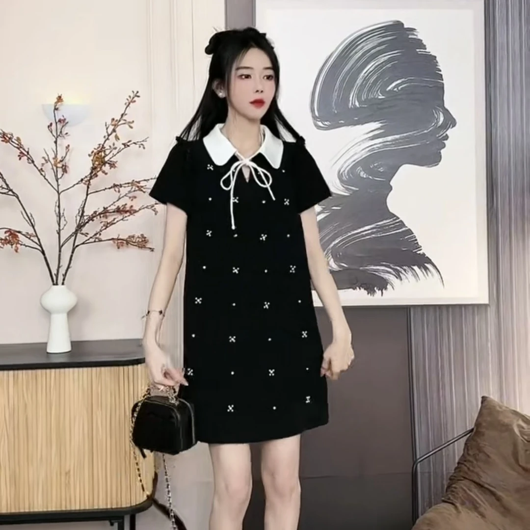 夏季新款富家千金风钉珠撞色娃娃领小飞袖胖妹妹显瘦大码连衣裙