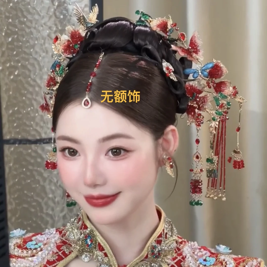 君心家 h141蓝雀 | 高品红绿撞色红串步摇新娘秀禾头饰新娘饰品