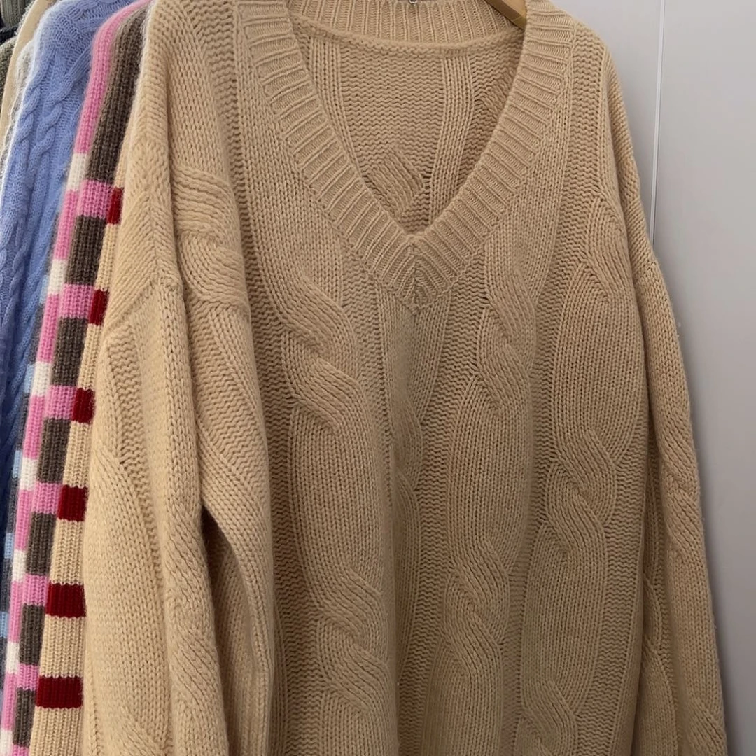 V领 大麻花 羊绒衫