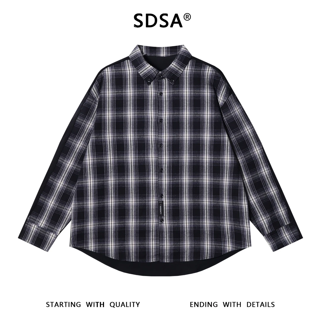 SDSA秋冬新款痞帅男装美式拼接撞色格纹翻领长袖衬衫字母印花百搭