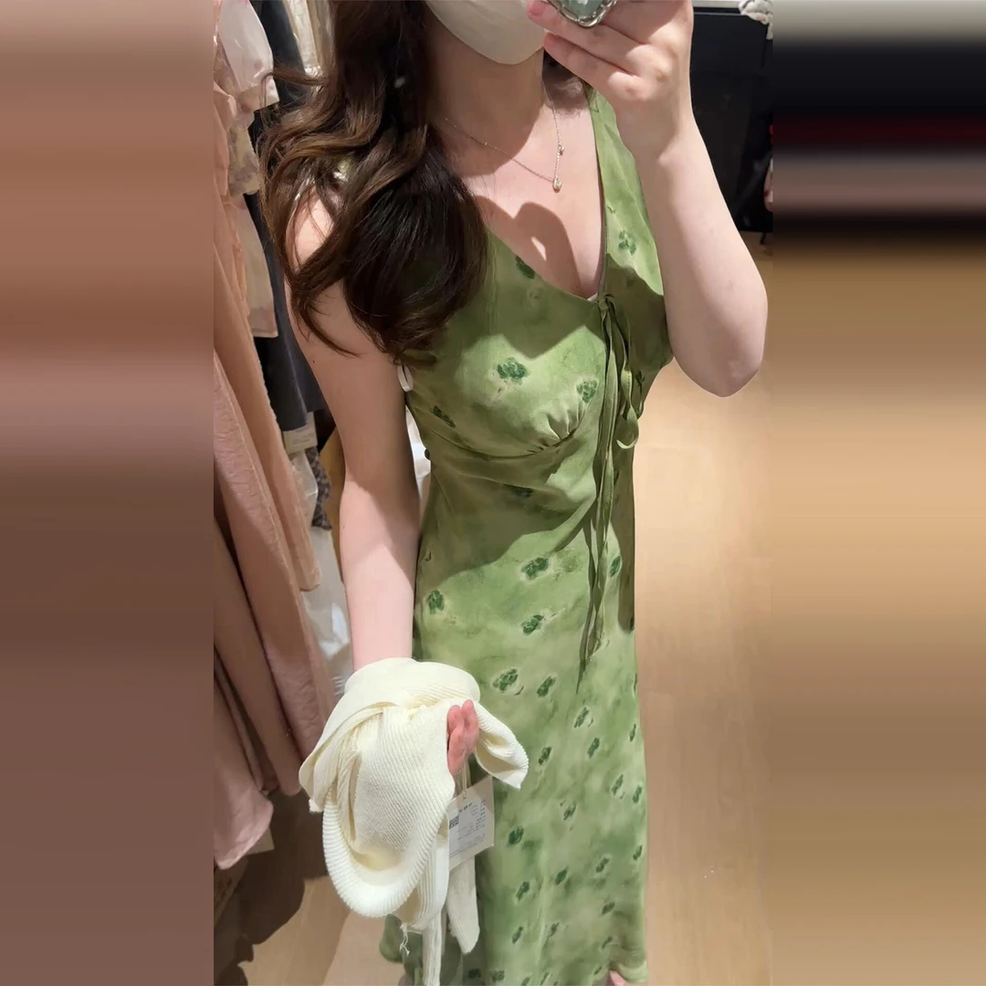 【现货+运补】绿色无袖碎花V领连衣裙子爆款夏季穿搭长裙3825