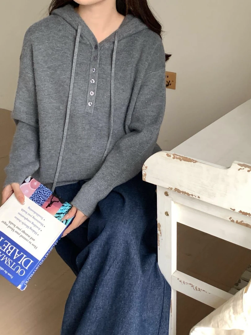 多色连帽套头毛衣女秋冬宽松慵懒风纯色休闲上衣