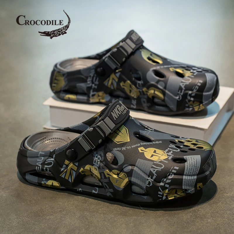 鳄鱼恤洞洞鞋男2025新款夏季外穿防滑耐磨软底两用包头拖鞋办公室