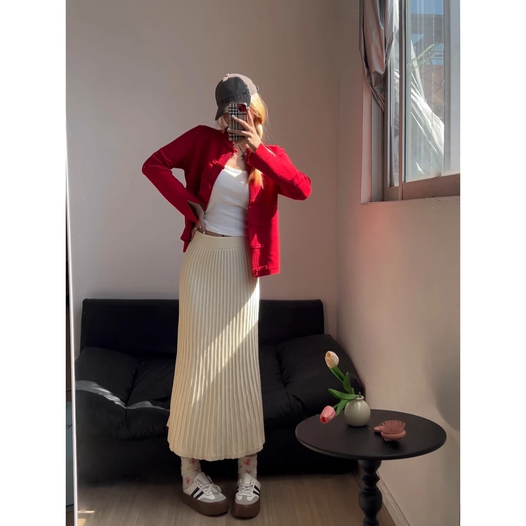 新年氛围感红色针织衫毛衣半身裙套装女春秋新款新中式国风两件套