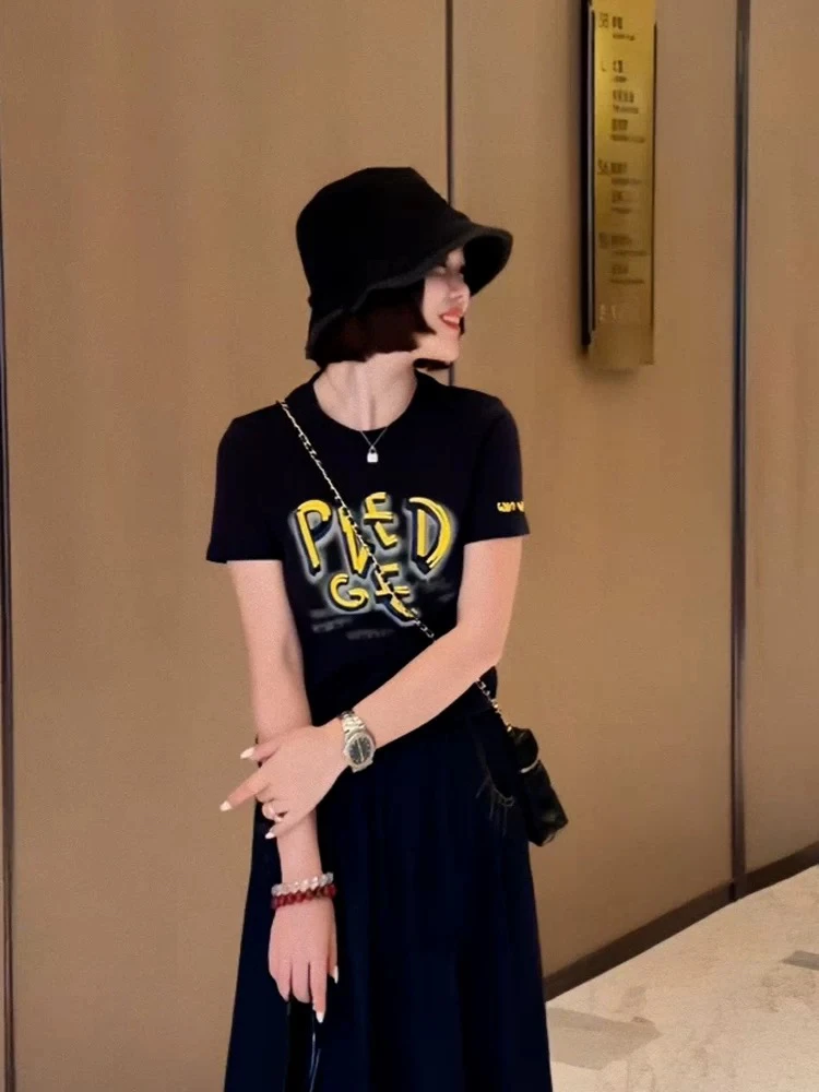 2025短款拼接印花字母短袖T8507