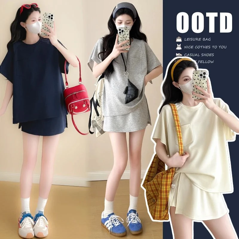 时髦孕妇装夏季新款爆款韩版运动休闲上衣防走光托腹舒适短裙套装