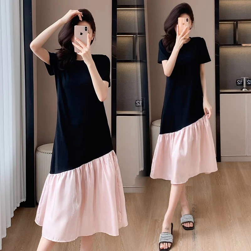 大码女装2025夏季胖mm韩版时尚宽松洋气撞色拼接荷叶边长款连衣裙