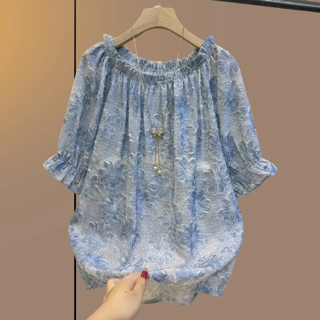 大码女装胖妹妹夏季一字领夏季薄款气质风大码衬衫宽松型气质短袖