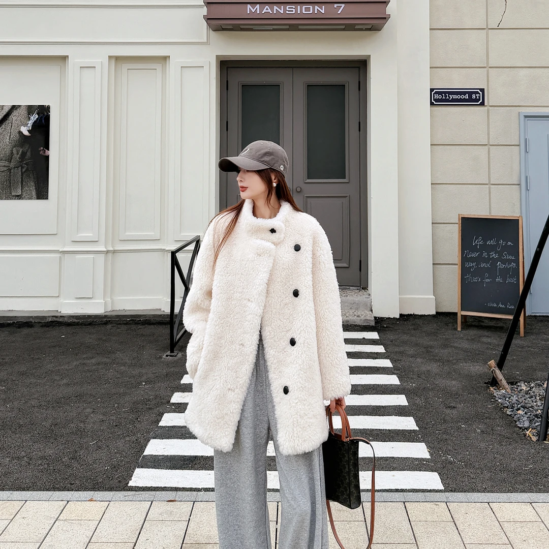 【泰迪小熊】2025冬新款100%羊毛外套女立领宽松百搭时尚毛毛中长款