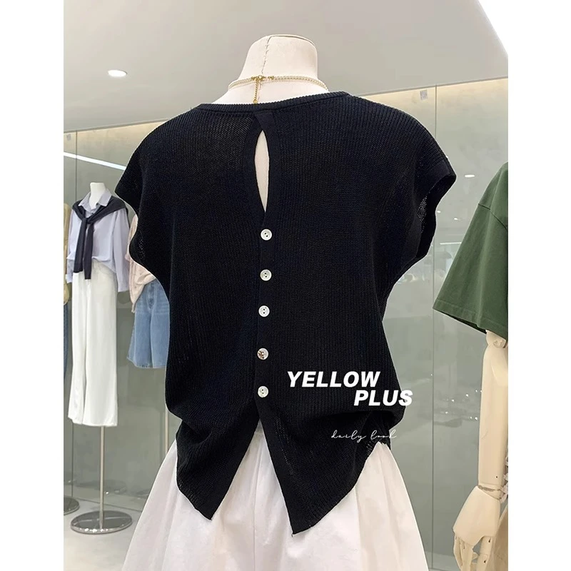 韩版纯色后背镂空飞飞袖针织衫女夏季新款纯欲风黑色短袖上衣薄款