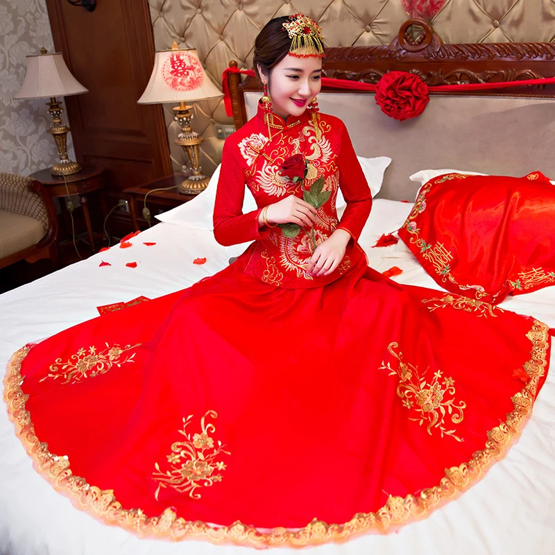 秀禾服新娘敬酒服红色中式礼服中国风连衣裙女修身长袖结婚汉服裙