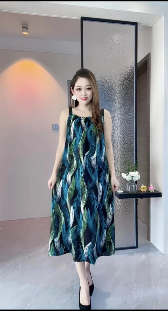 【蓝白羽毛】夏季女装连衣裙女中长款吊带裙气质时尚显瘦印花连衣裙