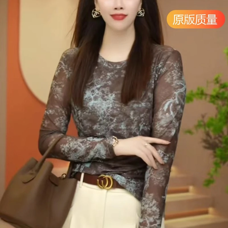 长袖肌肤弹力网纱打底小衫女印花设计感春秋新款洋气上衣时尚t恤