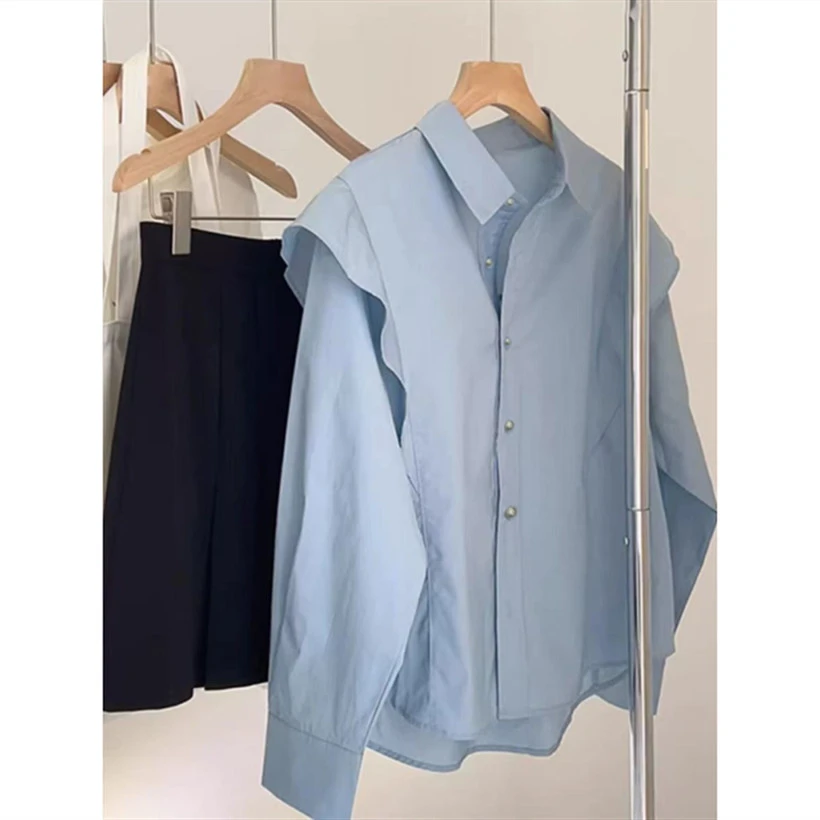 港风洋气荷叶边蓝色衬衫女春季时尚减龄气质上衣别致休闲衬衣2961