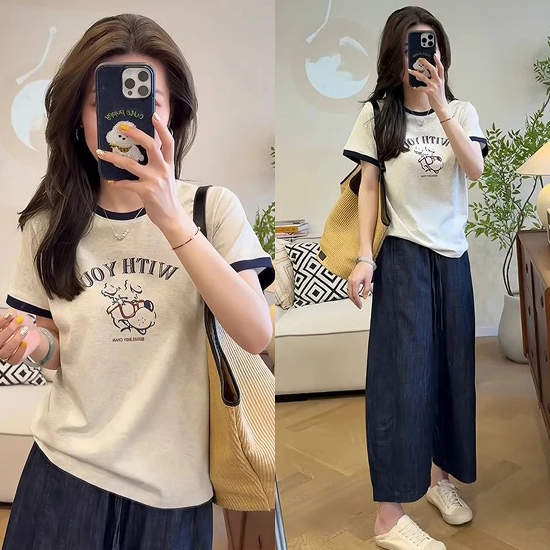 夏日绝美套装穿搭高级感时尚印花T恤女阔腿显瘦九分休闲裤两件套