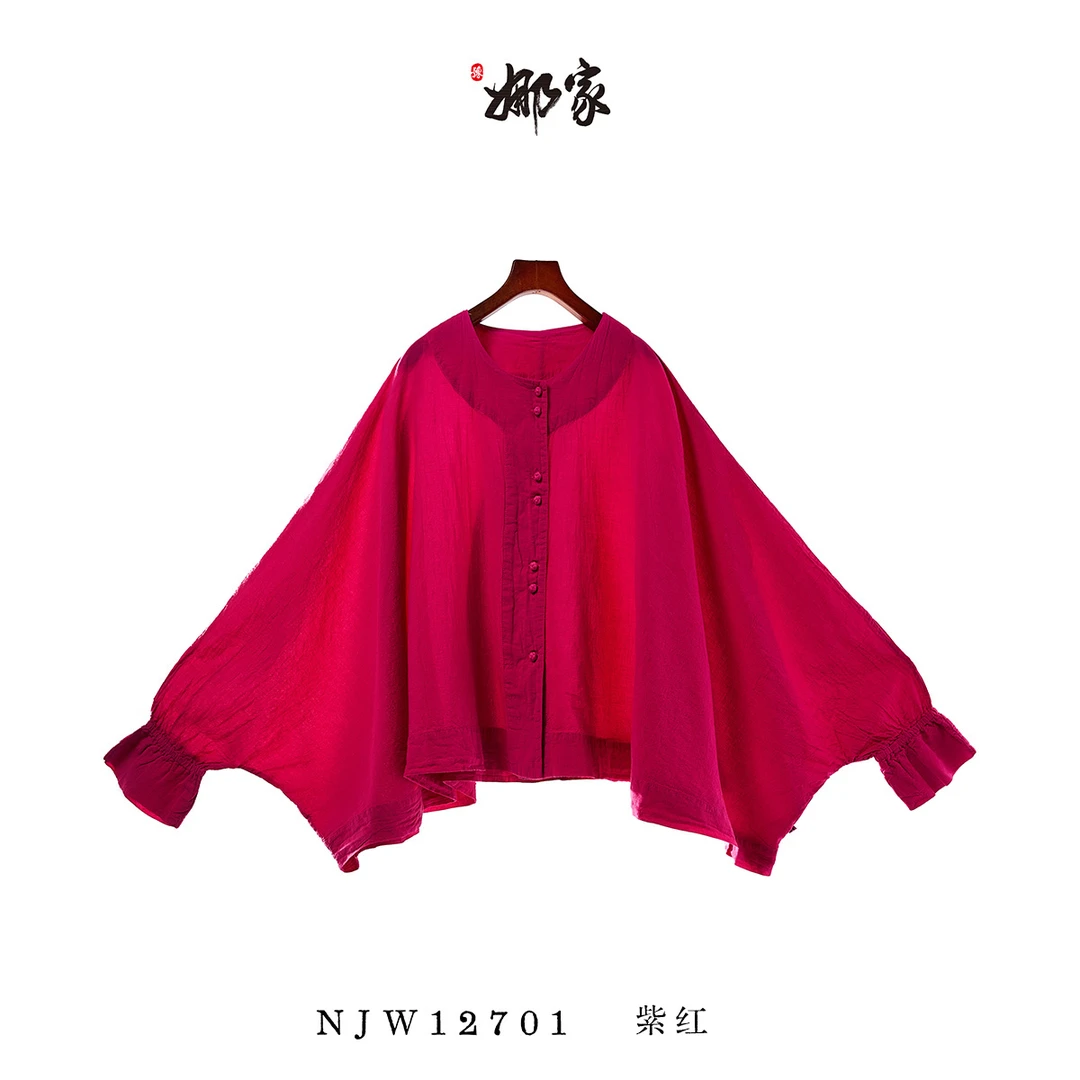娜家衬衫圆领蝙蝠袖上衣NJW(12701)时尚百搭复古纯色宽松薄款红色