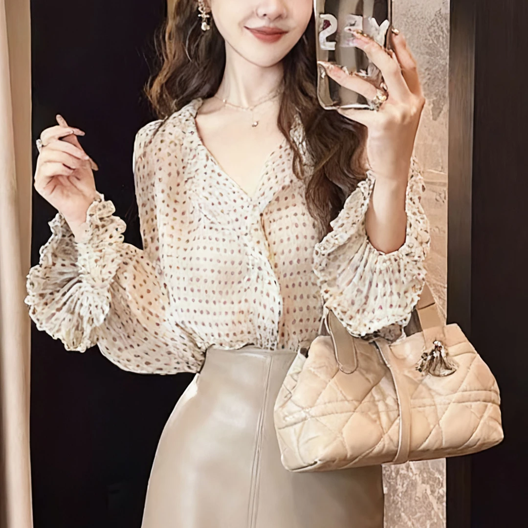 法式宽松显瘦韩系衬衫女2025秋季新款波点装饰优雅宽松大码上衣女