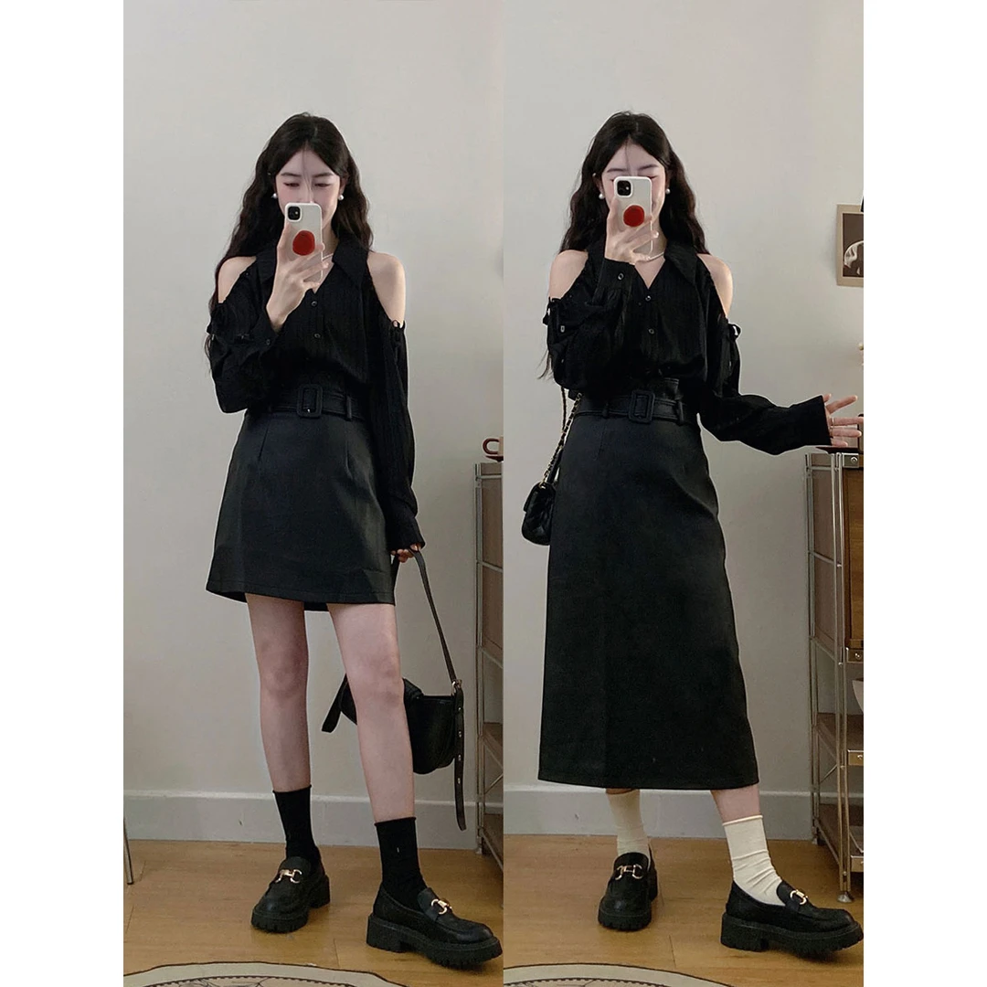 大码女装初秋韩系露肩宽松长袖上衣黑色皮裙显瘦两件套