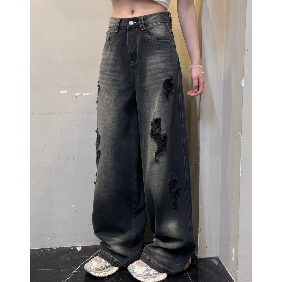 凡Fan【不规则破洞】小众设计水洗黑色宽松直筒牛仔磨破拖地裤