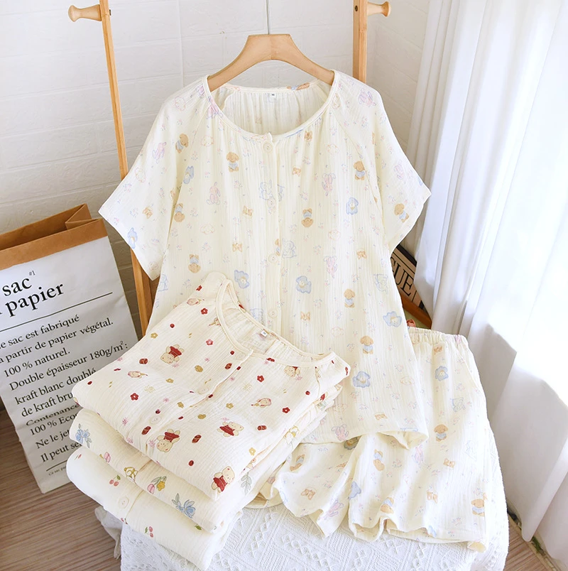 【短袖胸垫款】全棉100双层棉纱短袖短裤免文胸女士睡衣家居服