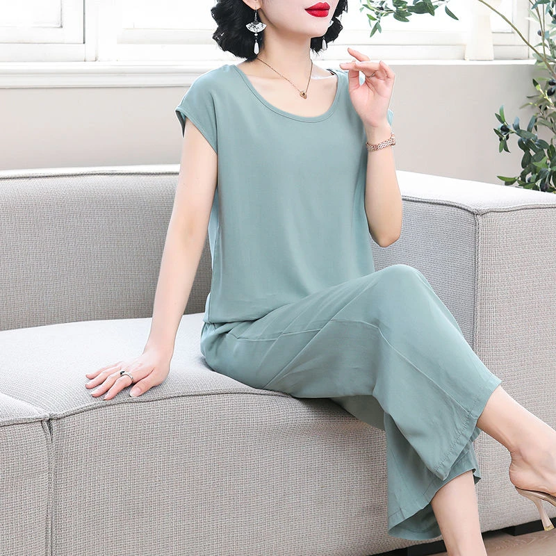 纯色棉绸套装女夏季新款时尚休闲外穿妈妈装短袖两件套气质九分裤