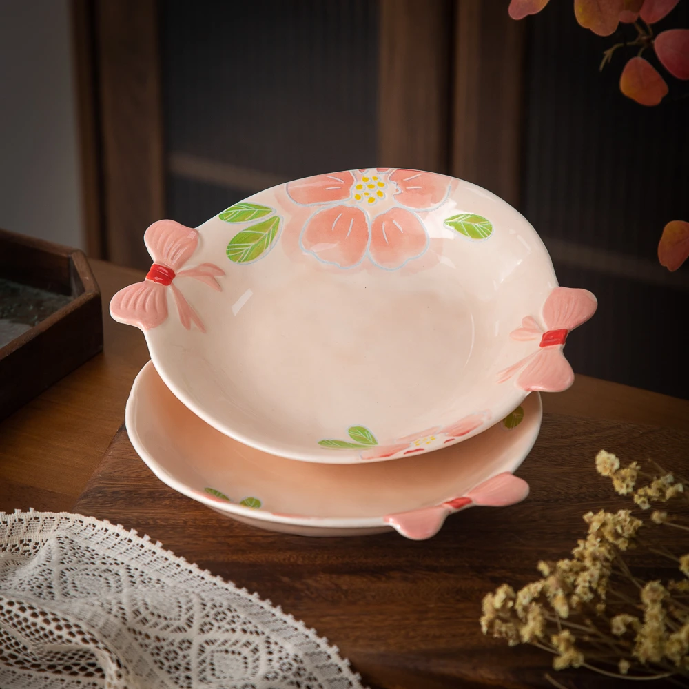 花影系列家用陶瓷餐具美二烧轴下彩8.5英寸蝴蝶结双耳盘(2个装)