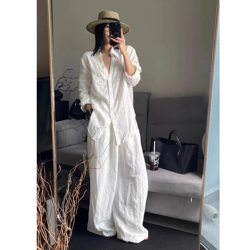 简约老钱风亚麻衬衫套装女春夏慵懒松弛感棉麻防晒衬衫长裤两件套