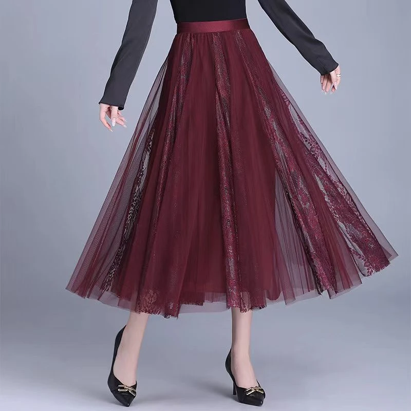 2025高腰显瘦遮肉A字大裙摆百搭时尚星空蕾丝百褶网纱半身裙春夏