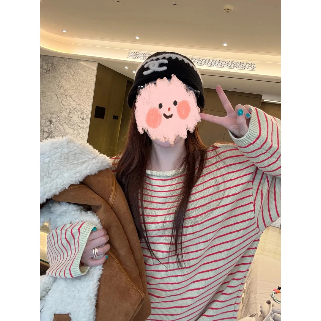 冬新款一字领条纹百搭款毛衣