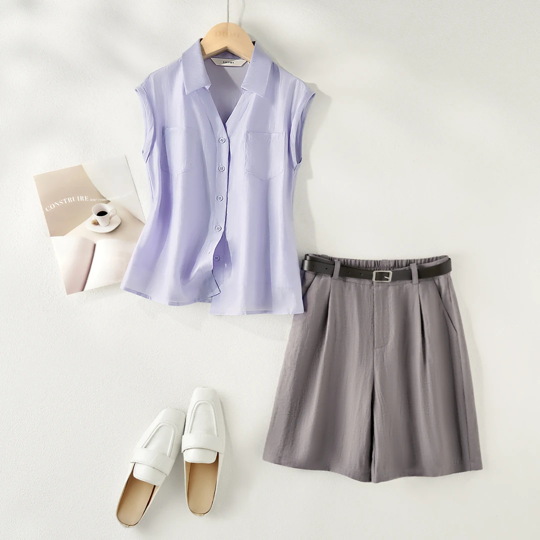 IHIMI/海谧2025夏款莱赛尔无袖翻折边衬衫腰带短裤通勤套装女8074