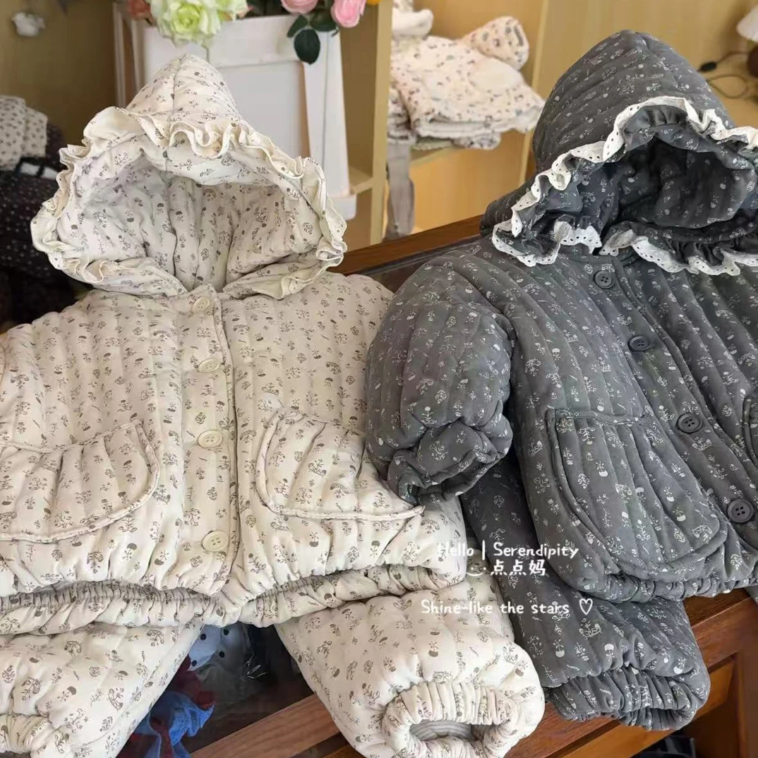 （DDM）女童可爱碎花家居服套装冬季四层加绒加厚可外穿睡衣两件套