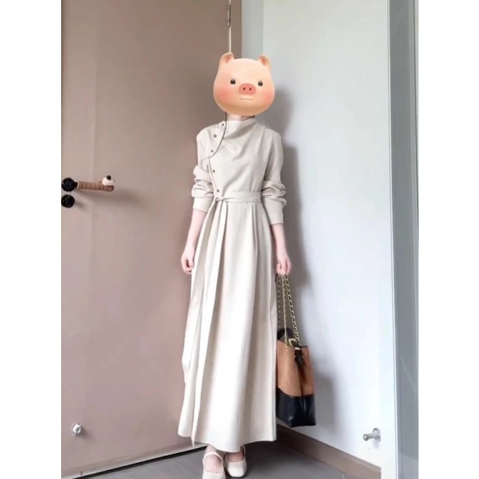 贰羊设计暮云归高级感长袖斜门襟连衣裙女秋知识分子风收腰裙