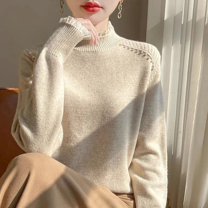哥弟阿玛施正品女士半高领羊毛衫木耳边毛衣蕾丝花边领针织打底衫
