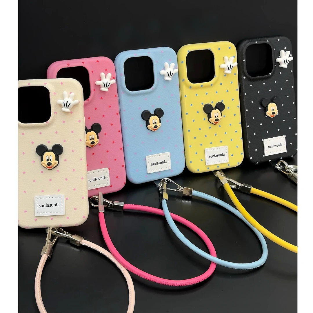 可爱波点立体米奇适用iPhone16promax苹果13挂绳15手机壳14皮纹12