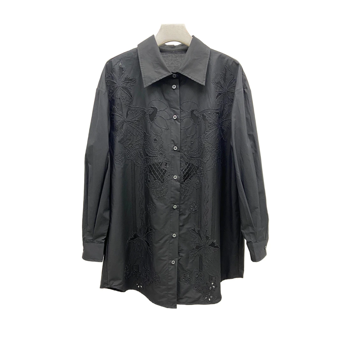 【大美奢品仓】法式时尚重工激光绣花长袖衬衫上衣女式宽松休闲