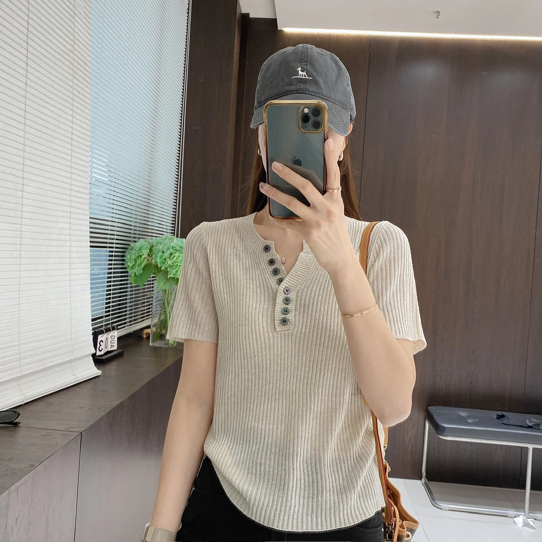 IMFLY金小金自制女装 针织衫DYW8973坑条半开领休闲短袖小衫