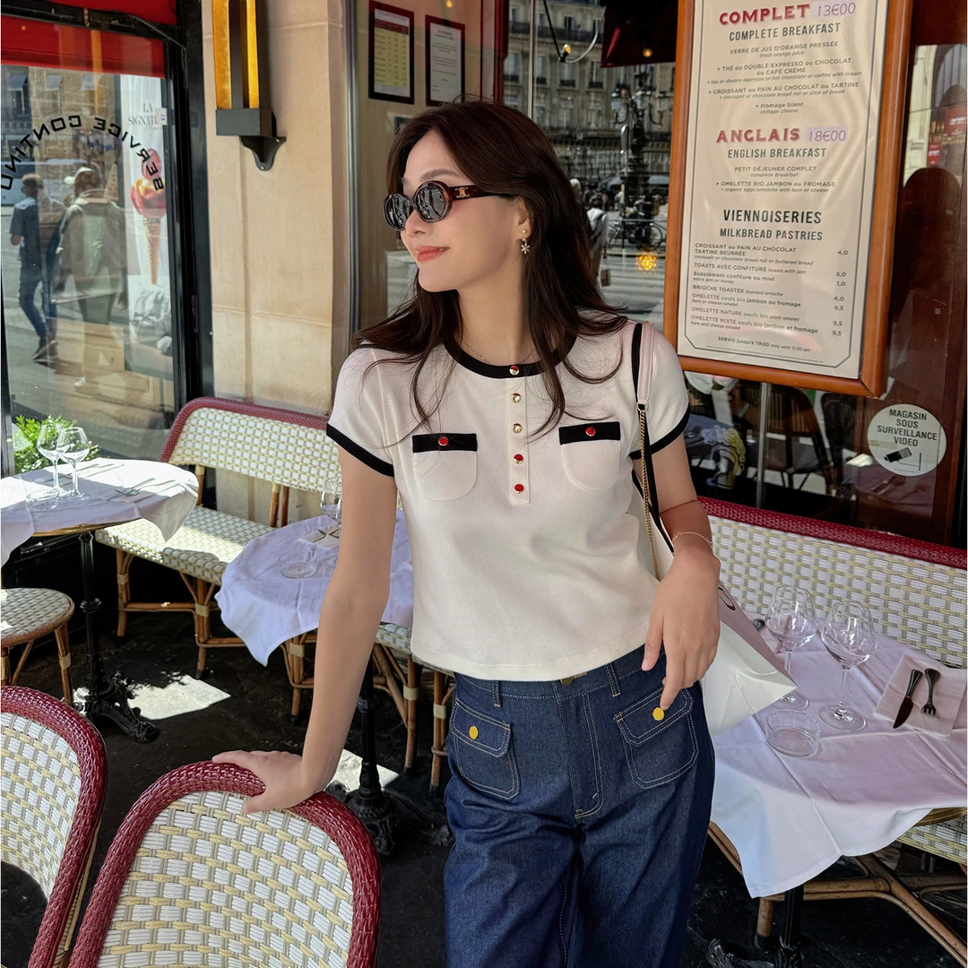 【琳媚】“上衣”早秋新款1OO%棉圆领撞色针织短款T恤短袖女