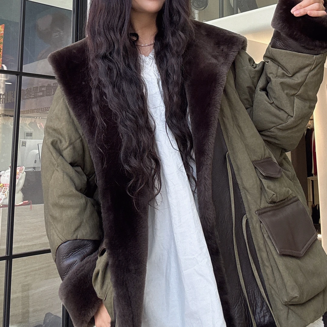 【周周家】冬季高货海军领大毛领军绿中长款保暖显瘦鹅绒服外套女