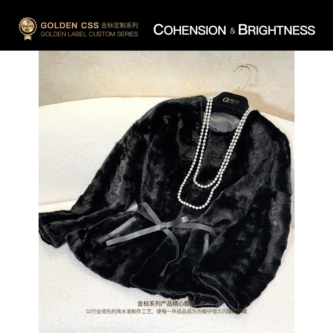 凝慧【巴黎旧约】进口水貂毛轻奢圆领系皮带收腰显瘦毛呢外套YA180